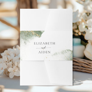 Modern Green Gold (imitation) Watercolor Wedding Invitation Belly Band