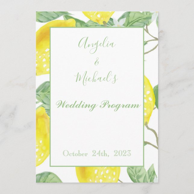 Modern Green Gold Lemon Wedding Program (Back)