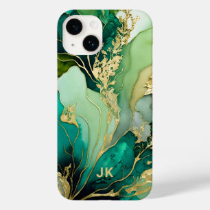 Modern Green Gold Marble Monogram Personalised Case-Mate iPhone 14 Case