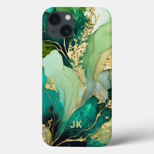 Modern Green Gold Marble Monogram Personalised iPhone 13 Case