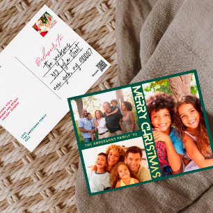 MODERN GREEN Gold MERRY CHRISTMAS MULTI Photo Foil Holiday Postcard