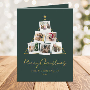Modern Green Gold Photo Collage Christmas Holiday Card