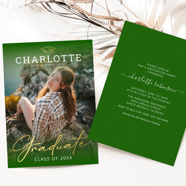 Modern Green Gold Photo Graduation Invitation (Creator Uploaded)