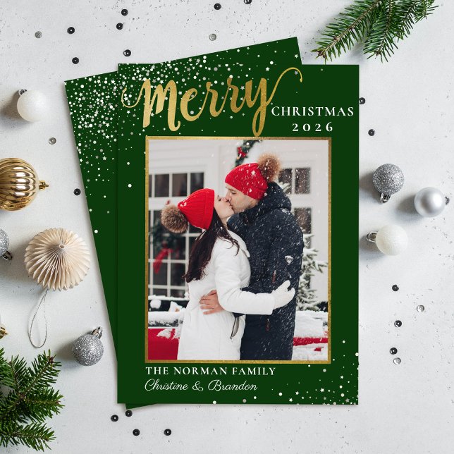 Modern Green Gold Script  Merry Christmas Photo Holiday Card (Creator Uploaded)