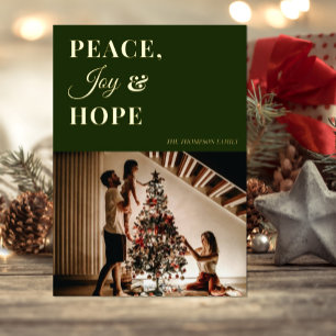 Modern Green Gold Script Peace Joy Hope Photo Foil Holiday Card