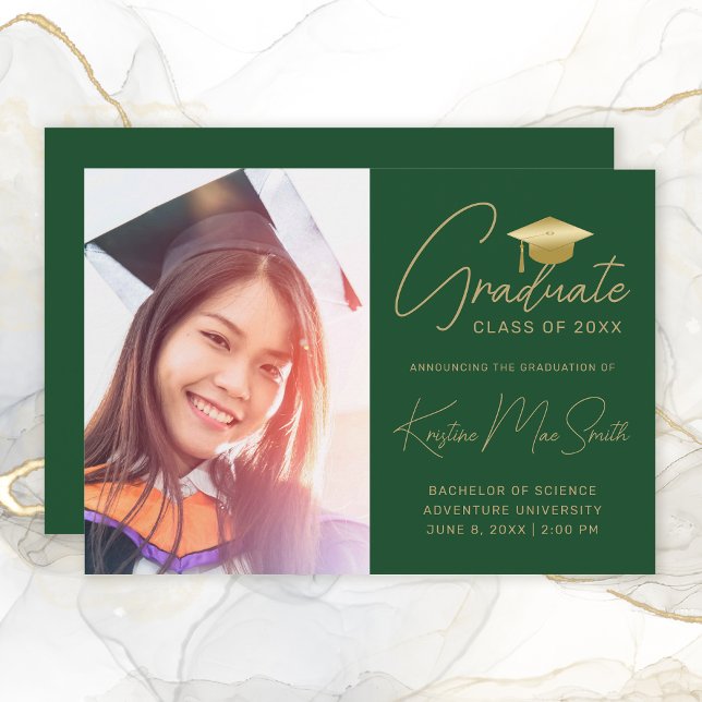 Modern Green Gold Script Photo College Graduation Announcement (Modern Green Gold Script Graduation Announcement
)