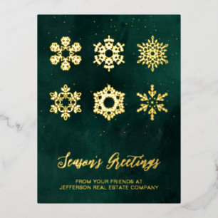 Modern Green Gold Snowflakes Business Foil Holiday Postcard