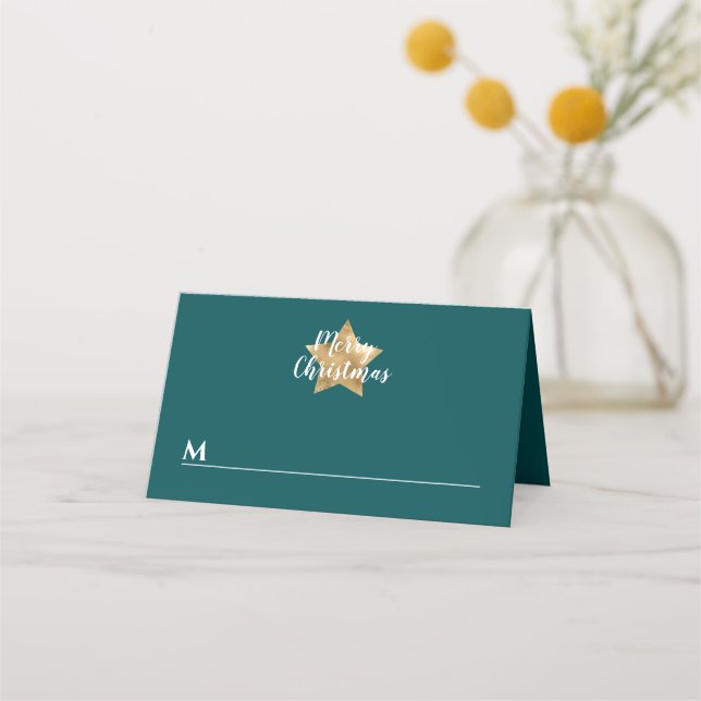 Modern Green Gold Star Christmas Place Card (Front)