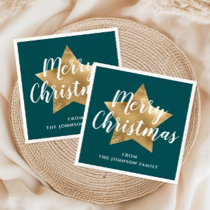 Modern Green Gold Star Merry Christmas  Napkin