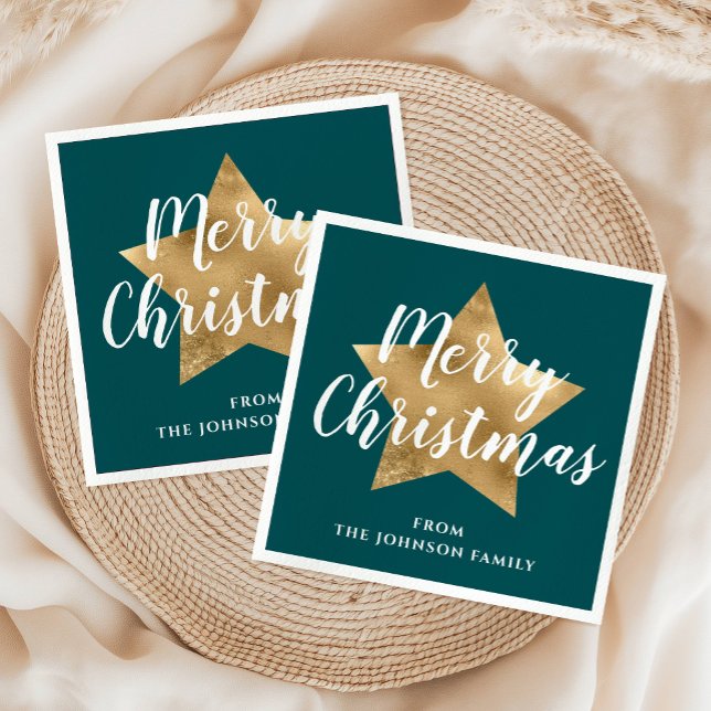 Modern Green Gold Star Merry Christmas  Napkin (Modern Green Gold Star Merry Christmas Napkins)