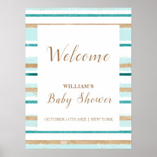 Modern Green Gold Stripe Baby Shower Welcome Poster