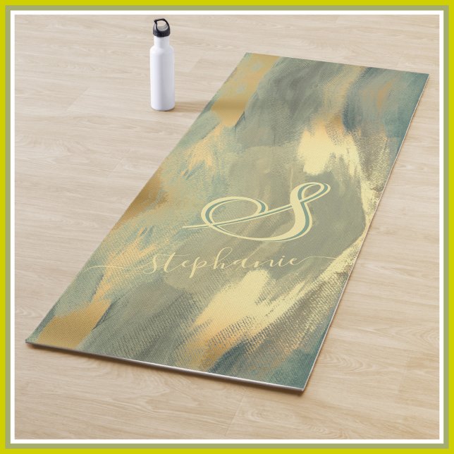 Modern Green Gold Strokes 3-Colour Monogram  Yoga  Yoga Mat (Creator Uploaded)