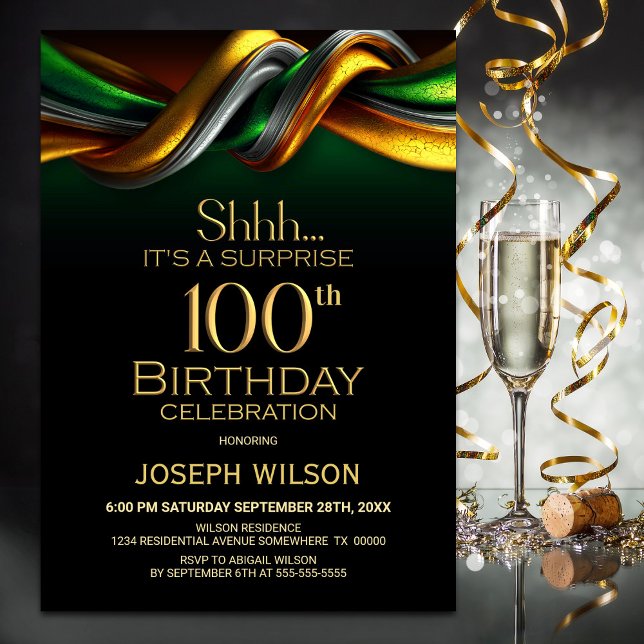 Modern Green Gold Surprise 100th Birthday Party Invitation (Creator Uploaded)