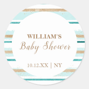 Modern Green Gold Watercolor Stripe Baby Shower  Classic Round Sticker