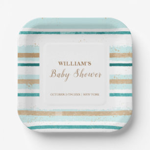 Modern Green Gold Watercolor Stripe Baby Shower  Paper Plate