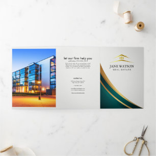 Modern Green & Golden Real Estate Tri-Fold Card