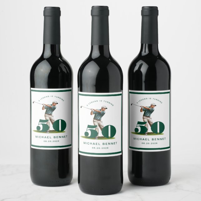 Modern Green Golf 50th Birthday Wine Label (Bottles)