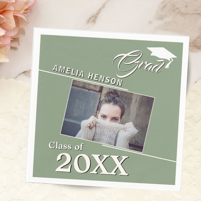 Modern Green Graduate Photo Graduation Party Napkin (Creator Uploaded)
