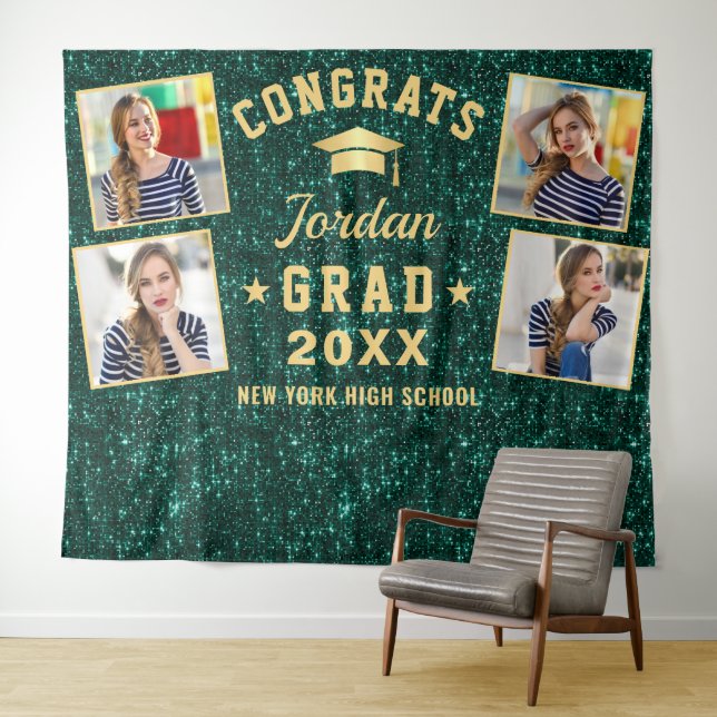 Modern Green Graduation 4 Photo Booth Backdrop Tapestry (In Situ (Horizontal))