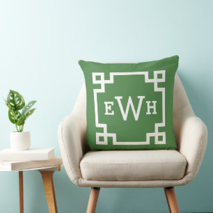 Modern Green Greek Key Custom Monogram Cushion