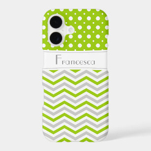 Modern green, grey, white chevron & polka dot