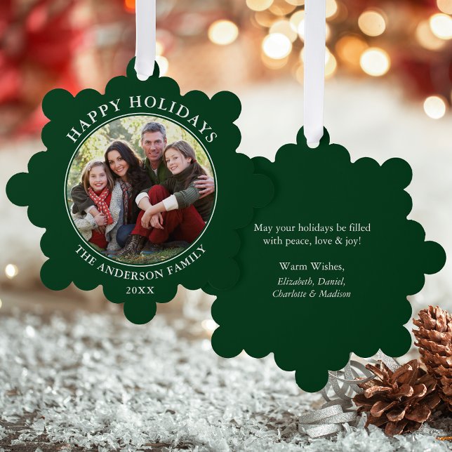 Modern Green Happy Holidays Photo Tree Decoration Card (A greeting card that is also an ornament! Customize with your photo and personalized text.)
