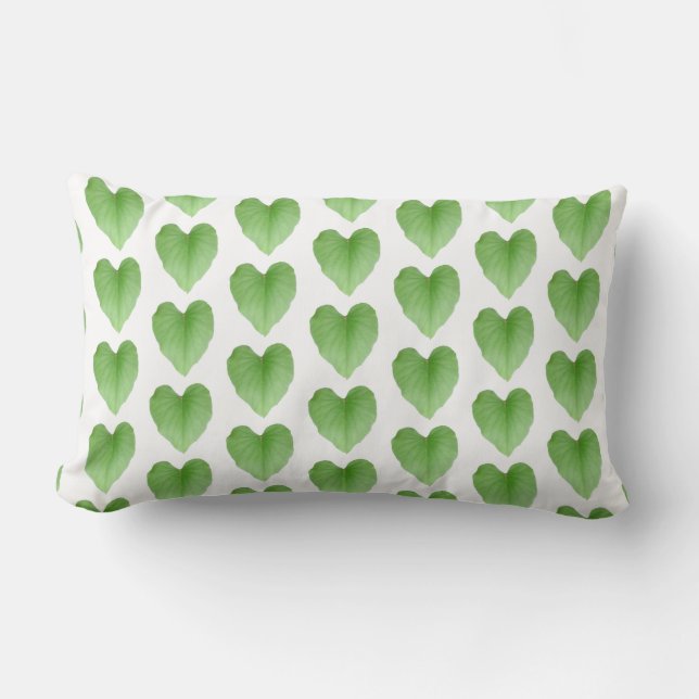 Modern Green Heart Leaf Pattern on White Lumbar Cushion (Front)