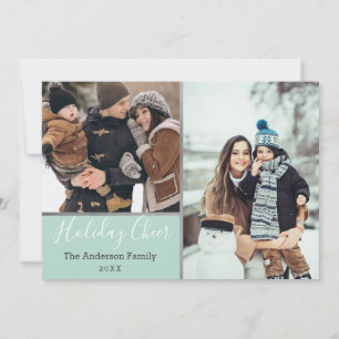 Modern Green Holiday Cheer Faux Silver Photo Card