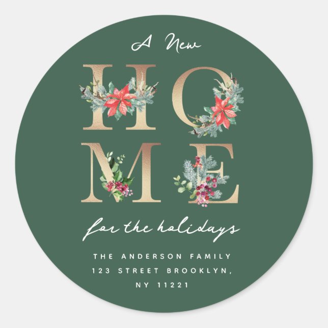 modern green holiday moving announcement classic round sticker (Front)