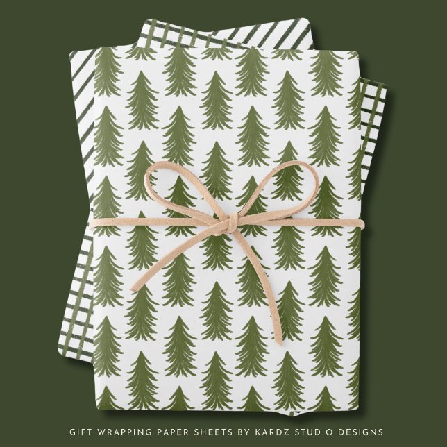 Modern Green Holiday Wrapping Paper Sheets (Green trees, stripes and gingham patterns to give your gifts a unique rustic yet modern feeling)