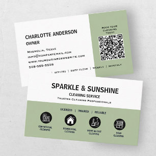 Modern Green Housekeeping Cleaning Service QR Code Business Card