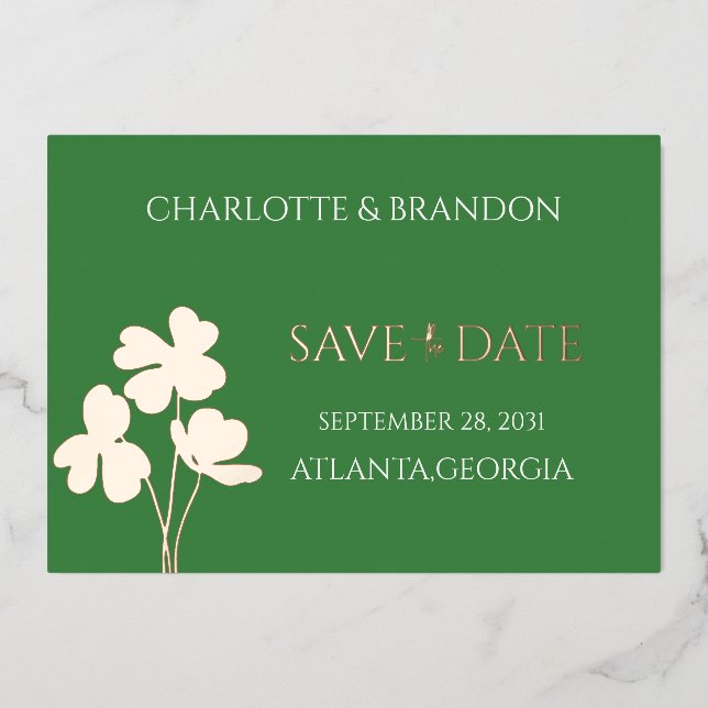  Modern Green Irish Four Leaf Clover Save the Date (Front)