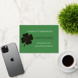 Modern Green Irish Four Leaf Clover Save the Date Foil Holiday Card