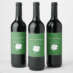 Modern Green Irish Four Leaf Clover Wedding Favou Wine Label