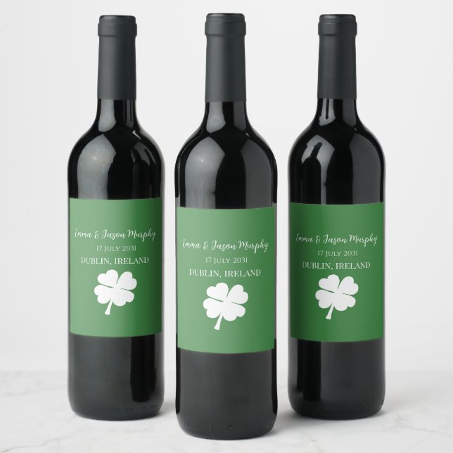  Modern Green Irish Four Leaf Clover Wedding Favou Wine Label (Bottles)