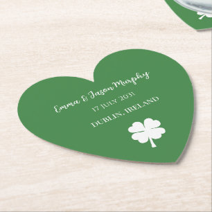 Modern Green Irish Four Leaf Clover Wedding Paper Coaster