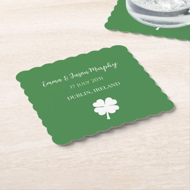  Modern Green Irish Four Leaf Clover Wedding       Paper Coaster (Angled)