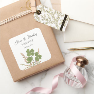 Modern Green Irish Leaf Clover Wedding Square Sticker