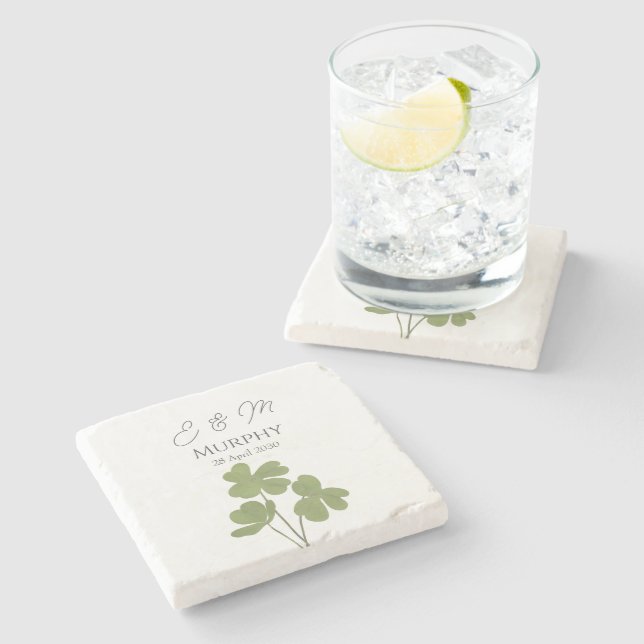  Modern Green Irish Leaf Clover Wedding   Stone Coaster (Side)