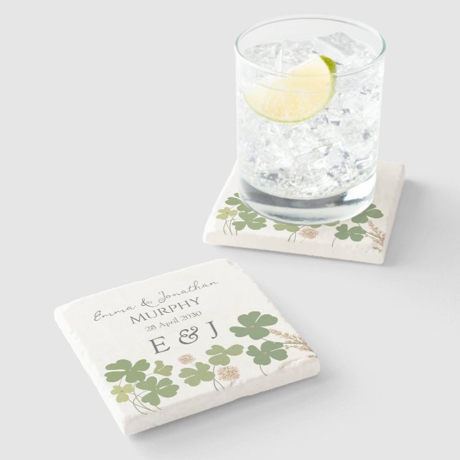  Modern Green Irish Leaf Clover Wedding   Stone Coaster (Side)