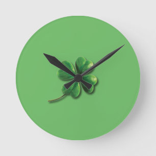 Modern Green Irish Shamrock Round Clock