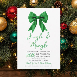 Modern Green Jingle & Mingle Christmas Party Bow Invitation