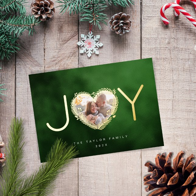 Modern Green Joyful Christmas Heart Wreath Photo Foil Holiday Card (Creator Uploaded)