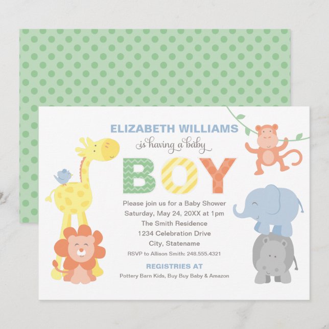 Modern Green Jungle Animals Boy Baby Shower Invitation (Front/Back)