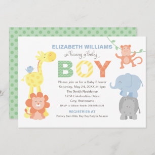 Modern Green Jungle Animals Boy Baby Shower Invitation
