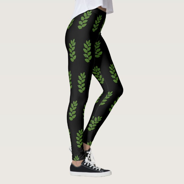 Modern Green Laurel Leaf Pattern on Black Leggings (Right)
