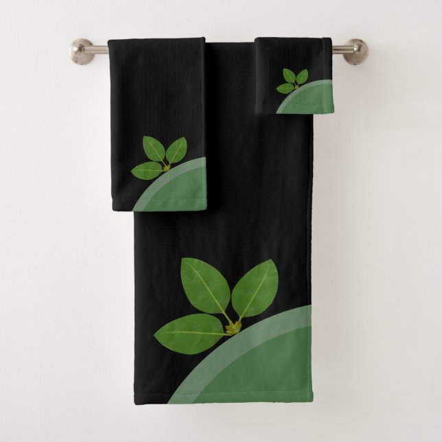 Modern Green Laurel Leaves on Black Bath Towel Set (Insitu)