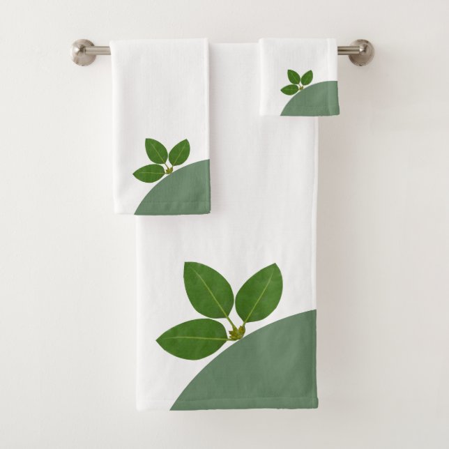 Modern Green Laurel Leaves on White Bath Towel Set (Insitu)