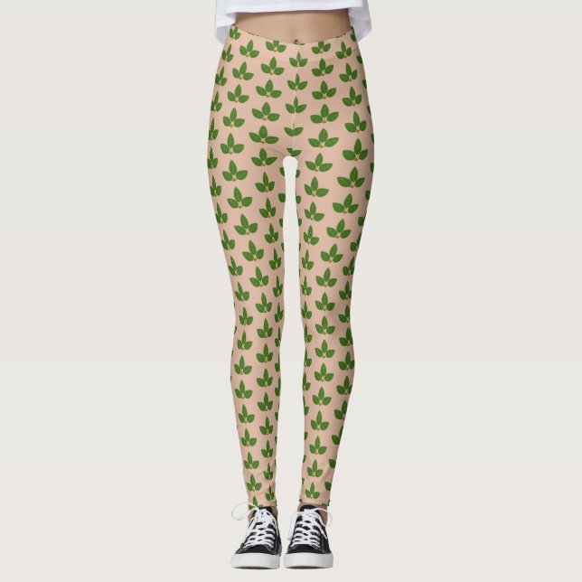 Modern Green Laurel Leaves Pattern on Beige Leggings (Front)
