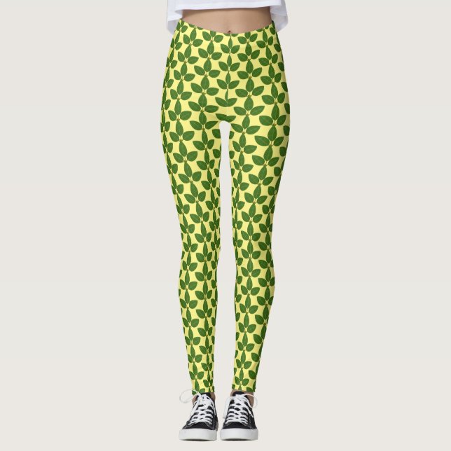 Modern Green Laurel Leaves Pattern on Yellow Leggings (Front)